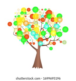 Decorative tree isolated on white background. Tree with colored bubbles around the branches for logo, icon and symbol. Stylized tree with circle shaped leafe for print and web. Stock vector