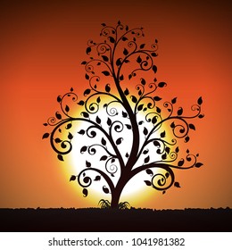 Decorative tree on sunset background. Vector illustration