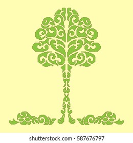 Decorative tree pixel art style.Lacy decorative; tree ;spring ornamental grass; yellow background