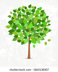 Decorative tree round shape with green leaves against white grunge paper background for your design