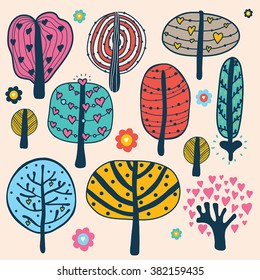 Decorative tree set. Vector illustration.