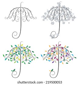 Decorative tree in shape of umbrella with colorful leaves.