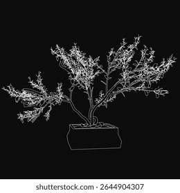 A decorative tree sketched in black and white, featuring detailed branches and leaves, placed in a simple pot against a dark background. The minimalist, artistic style highlights the plant's elegant.