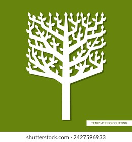 Decorative tree with a square crown. Trunk, branches with leaves. Theme of nature, spring, ecology. Vector template for plotter laser cutting of paper, fretwork, wood carving, metal engraving, cnc. 