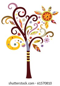 Decorative tree with swirls and leaves in a modern color palette.