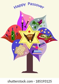 decorative tree with symbols of Passover.
