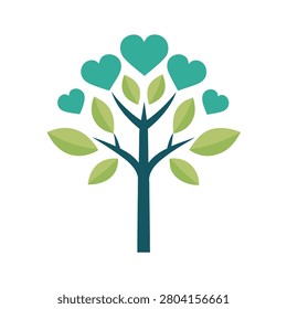 Decorative tree with teal heart shaped leaves and green nature