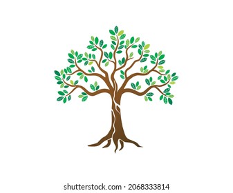 decorative tree vector illustrations isolated on white. green leaves and brown wood.