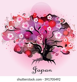 Decorative tree with white flowers and red fruits on light pink background. Japanese symbol