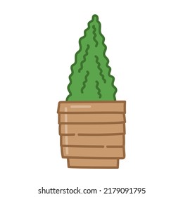 Árbol decorativo en una olla de madera. Objeto para diseño de paisaje. Estilo de caricatura. Obra vectorial hecha a mano con fondo blanco.