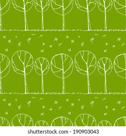 Decorative trees, abstract sketchy seamless vector background