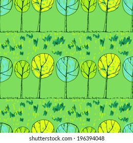 Decorative trees, abstract sketchy seamless vector background