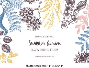 Decorative trees background. Floral card or invitation design. Trees in flowers illustration. Summer plants frame with flowers, leaves, beans, branches. Vector outlines. Botanical elements.