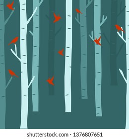 Decorative trees, background for wallpaper pattern. Trunks trees with  birds in forest.
