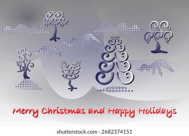 Decorative trees and curly hills abstract landscape, fantasy swirls set of list elements