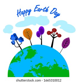 Decorative trees, earth planet, clouds and and simple text isolated on white background. Happy Earth Day banner or card. World day and eco friendly ecology concept. Save our planet. Stock vector