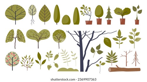 Decorative trees forms and green stylish plants elements in collection set. Isolated tree, bushes and leaves items with summer vegetation flora objects vector illustration. Garden and forest assets.