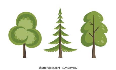 Decorative trees icon set. Flat trees in a flat design. Isolated on white. Vector icons.