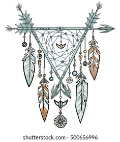 Decorative triangle from arrows. Jewelry feathers and beads, ethnic amulets. American Indians traditional symbol. Boho design. Vector illustration isolated on a white background.