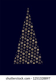 Decorative triangle christmas tree  with golden adornment, on dark background