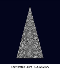 Decorative triangle christmas tree  with white adornment, on dark background