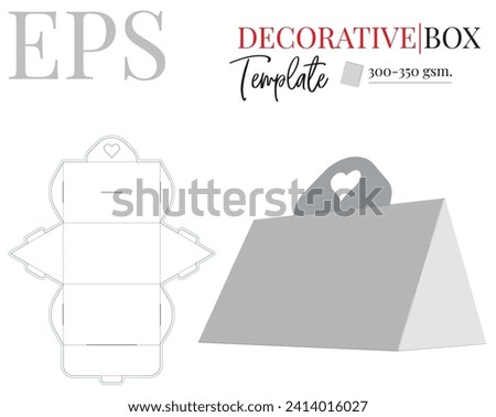 Decorative triangle gift box with handle template, vector with die cut, laser cut layers.  Holder Illustration. White clear blank isolated Box with handle mock up on white background. Packaging Design