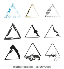 Decorative triangle icon. Swirl pattern vector. Artistic frame shape. Modern black design.
