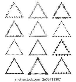 Decorative triangle outline. Floral and dotted. Vector artistic frame. Pattern design symbol.