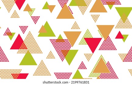 Decorative triangle shapes seamless pattern vector design. Wallpaper print. Colorful triangles motion background. Mix triangular shapes repeating pattern.