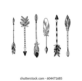 Decorative tribal arrows collection. Hand drawn vector design set.