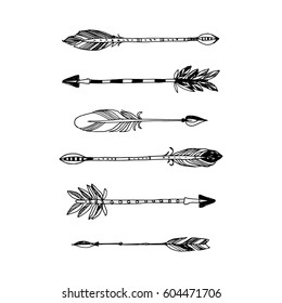 Decorative tribal arrows collection. Hand drawn vector design set.