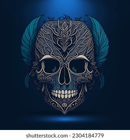 Decorative tribal skull with leaves. Tribal design for tattoo, logo, sign, emblem, t-shirt, embroidery, crafting, sublimation.