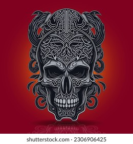 Decorative tribal skull with leaves. Tribal design for tattoo, logo, sign, emblem, t-shirt, embroidery, crafting, sublimation.