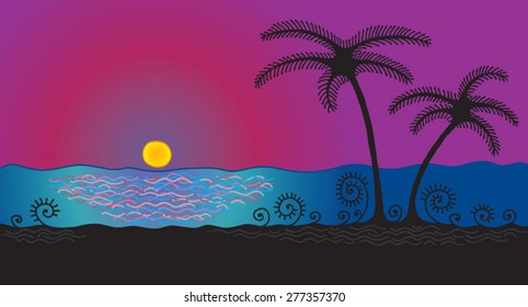 decorative tropical evening summer landscape with palm trees, sea line and sunset
