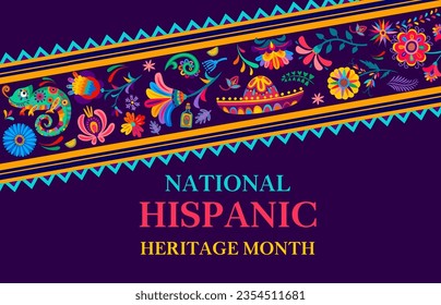 Flores tropicales decorativas y patrones de plantas en banner del mes del patrimonio hispano nacional. Antecedentes vectores para la celebración, que simbolizan el rico patrimonio cultural y la diversidad de las comunidades hispanas