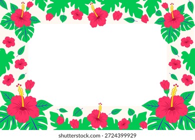 Dekoratives tropisches Rahmendesign mit roten Hibiskusblumen, die ein leeres Zentrum umgeben. Flache Vektorgrußkartenvorlage mit Kopienraum für Songkran-Festival und Hochzeitseinladungen auf floralem Weiß.