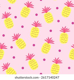 Decorative tropical fruit seamless pattern with bright pineapples in yellow and pink shades. Funky background in bold playful cartoon flat style for packaging, textile, summer designs, scrapbook, etc.