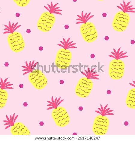 Decorative tropical fruit seamless pattern with bright pineapples in yellow and pink shades. Funky background in bold playful cartoon flat style for packaging, textile, summer designs, scrapbook, etc.