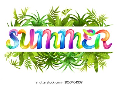 Decorative tropical jungle background and calligraphy text with brushstroke oil or acrylic paint. Isolated vector illustration.