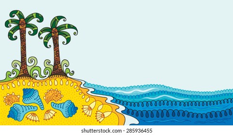 decorative tropical landscape with sea line, sand, shells and palm trees