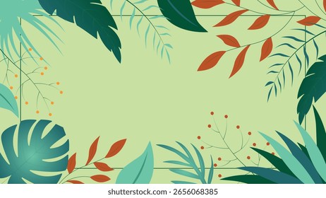 Marco de hoja tropical decorativo con bayas de naranja y follaje colorido sobre fondo verde claro perfecto para carteles de invitaciones, Anuncios y obras de arte digitales