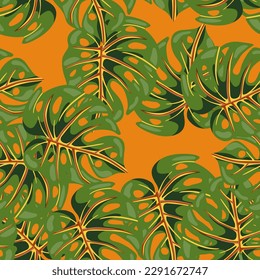 Decorative tropical leaf seamless pattern. Stylized exotic leaves background. Modern jungle plants endless wallpaper. Rainforest floral hawaiian backdrop. Vector illustration