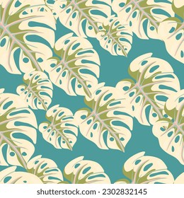 Decorative tropical leaf seamless pattern. Stylized exotic leaves background. Modern jungle plants endless wallpaper. Rainforest floral hawaiian backdrop. Vector illustration
