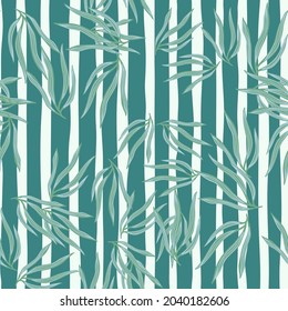 Decorative tropical leaves semless pattern on stripe background. Exotic hawaiian wallpaper. Abstract summer tropic leaf. Design for fabric, textile print, wrapping, cover. Vector illustration.