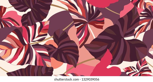 Decorative tropical leaves in violet-pink tones. Seamless pattern. Vector illustration
