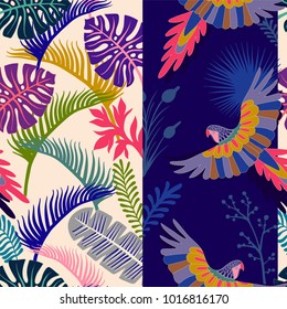 Decorative tropical pattern with parrots and palm leaves. Vertical vector colorful wallpaper. Day and night concept