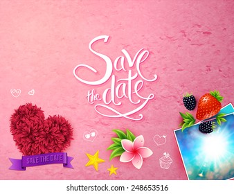 Decorative tropical Save The Date template with a purple banner over a floral heart, a pink frangipani flower and images of summer sunshine with fresh berries on a textured pink background