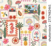 Decorative tropical seamless pattern featuring framed coastal illustrations, palm trees, pineapple, seahorse, starfish, shells, hibiscus flowers and summer beach scenes. Bright Mediterranean color palette with retro ornamental frames creates a stylish vacation mood. Perfect for textile, wallpaper, wrapping paper, home decor, packaging and resort branding. Vector repeat design.
