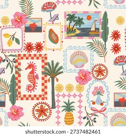 Decorative tropical seamless pattern featuring framed coastal illustrations, palm trees, pineapple, seahorse, starfish, shells, hibiscus flowers and summer beach scenes. Bright Mediterranean color palette with retro ornamental frames creates a stylish vacation mood. Perfect for textile, wallpaper, wrapping paper, home decor, packaging and resort branding. Vector repeat design.