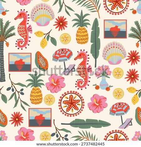 Decorative tropical seamless pattern featuring framed coastal illustrations, palm trees, pineapple, seahorse, starfish, shells, hibiscus flowers and summer beach scenes. Bright Mediterranean color palette with retro ornamental frames creates a stylish vacation mood. Perfect for textile, wallpaper, wrapping paper, home decor, packaging and resort branding. Vector repeat design.